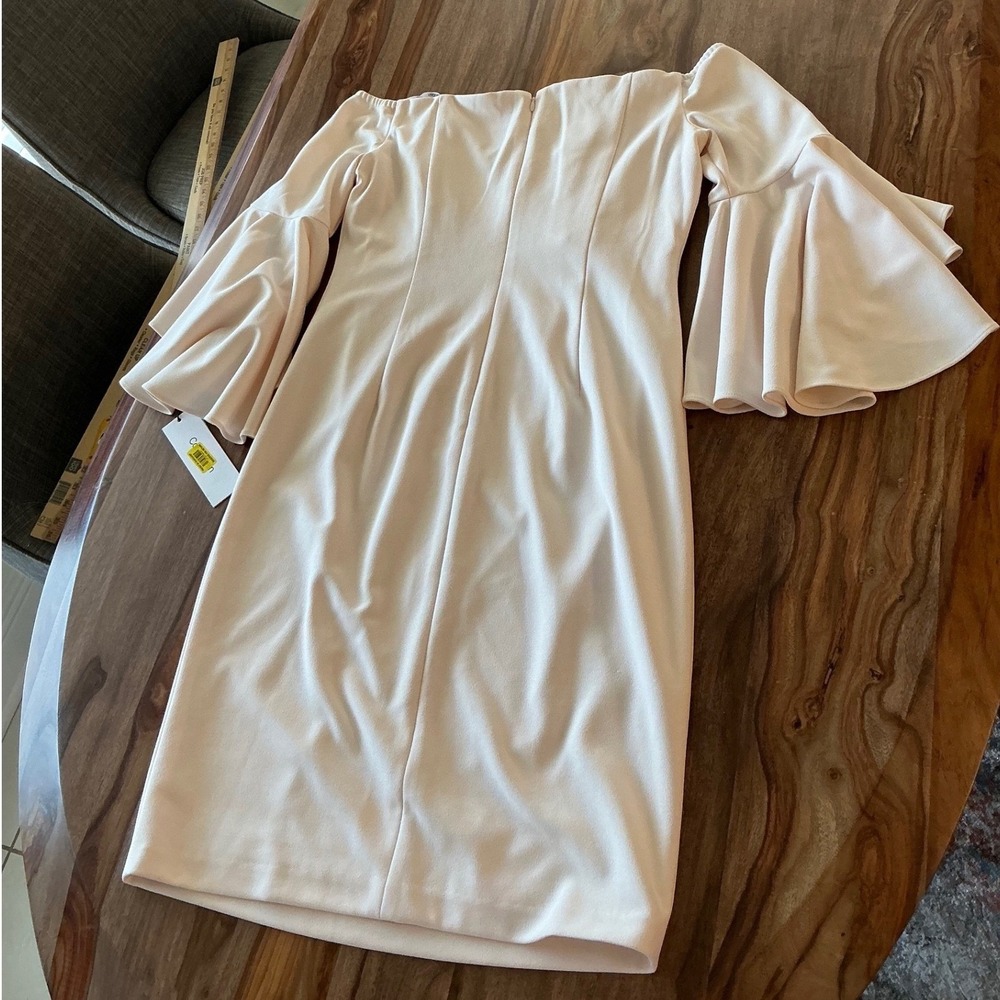 Calvin Klein Womens 10 Cream Off Shoulder Sheath Dress Bell Sleeve CD0B15DT NWT - Picture 12 of 13